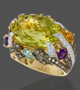 Unique and artistic, this gorgeous big-stone Le Vian 14k gold ring features oval-cut lemon quartz (11-1/2 ct. t.w.), pear-cut blue topaz (9/10 ct. t.w.), round-cut chocolate diamonds (7/10 ct. t.w.), pear-cut citrine (1/2 ct. t.w.) and round-cut tsavorite (2/5 ct. t.w.). Size 7.