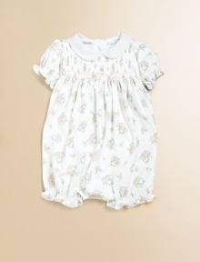 An adorable shortall designed in a comfortable bubble silhouette from soft cotton jersey.Peter Pan collar with lace trimShort sleeves with elasticized, embroidered cuffsSmocked bodiceBack buttonsHidden bottom snapsPima cottonMachine washImported Please note: Number of buttons/snaps may vary depending on size ordered. 