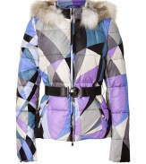 A classic geometric Pucci print covers this chic down jacket thats ready for a day at the ski slopes or a cold afternoon in the city - Stand collar, fox fur-lined hood, front zip closure, long sleeves, belted waist, zip pockets, slim fit, all-over print - Wear with slim jeans and shearling boots or an office-ready ensemble