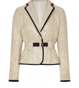 Bring a vivid metallic pop to your evening ensemble with this belted jacket from Schumacher - Notch collar, tailored fit with contrasting belt at waist, contrasting trim at collar, down front, at hem, and cuffs, thick belt loops - Wear with a sleek cocktail dress and heels, or slim flared trousers, a silk blouse, and platforms