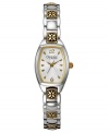 Rich details adorn this beautiful watch from Caravelle by Bulova, including floral engraved brackets crafted with antique charm. Two-tone mixed metal bracelet and cushion-shaped case. Cushion-shaped white dial with logo and stick indices. Quartz movement. Moisture resistant. Two-year limited warranty.