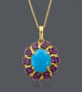 Elegance and vivacity defined. Pendant from CARLO VIANI® features an oval-cut turquoise (3-1/3 mm) surrounded by amethyst (3-1/3 ct. t.w.) in a 14k gold setting. Approximate length: 18 inches. Approximate drop: 1 inch.