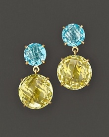 Swiss blue topaz and lemon quartz sparkle in an 18K yellow gold setting.