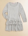 Sequined bows and ruffles adorn a long-sleeved, scoopneck frock for effortless style for your little girl.ScoopneckLong sleevesPullover styleSlight drop-waist with sequined bowsRuffled hem95% viscose/5% spandexHand washImported