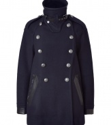 With a flattering flared silhouette and a dramatic high neck, the classic pea coat gets a decidedly downtown update from Belstaff - Dramatic stand-up collar with belt detail, epaulets with silver-toned button, double-breasted, front button placket, flared silhouette, leather detailed pockets and cuffs - Pair with high-waisted skinny pants, a modernized pullover, and high heel booties