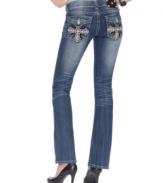 Embroidered crosses & rhinestone embellishments add eye-catching appeal to these Miss Me bootcut jeans -- perfect for a hot look!