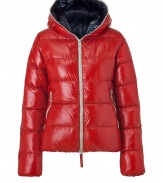 A sleek outer shell and vibrant contrast lining lend this Duvetica down jacket its sporty and stylish edge - In a lighter weight, wind- and water-resistant red polyamide with beige trim - Slim cut tapers through waist and fits close to the body for extra warmth - Full zip, hood and oversize diagonal zippered pockets at front - Perfect for cold weather casual looks - Pair with denim, leggings and cords