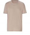 Stylish T-shirt made of fine cotton - In classic beige - The shirt is cut straight, beautifully slim and comfortably long - It has classic short sleeves and, as a cool detail, a double crew neck - Typical everyday basic for leisure, so very versatile - Wear either solo or under a pullover, jacket, cardigan, parka