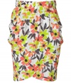 Elegant skirt in fine, pure printed silk - Vibrant floral motif in lush shades of lime, grey and apricot - Modified wrap style with elasticated waist - Chic drape detail at hips - Slim, feminine silhouette, hits above the knee - Polished and eye-catching, perfect for work, cocktails and casual evenings out - Pair with a blazer, tank and sandals at the office, and dress up with a silk top and platform wedges at night