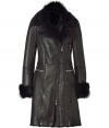 Combat the cold in this ultra-luxe metallic black-hued shearling jacket from Ventcouvert - Large fur-lined collar, asymmetrical zip closure, long sleeves with large fur cuffs, zip pockets, slim fit - Style with a figure-hugging sheath or skinny jeans and a pullover