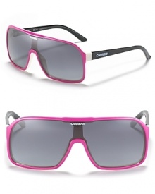 Brightly hued frames lend eye-catching style to these shield sunnies from Carrera.