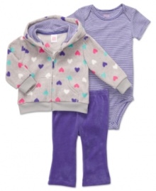 Lovely 3-piece heart print jacket, horizontal stripe bodysuit, and solid pant set by Carter's.