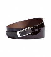 Finish your look with a slick of rich patent in Maison Martin Margielas dark chocolate leather belt - Elongated buckle, thinner in front - Wrap around cool chunky knits or sleek sheath dresses