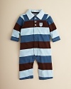 A rugged rugby look brings a classic preppy look to this cuddly footie from Little Me.