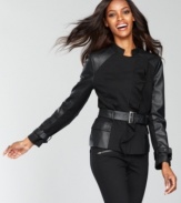 Mixed materials create a unique piece of outerwear from INC. Faux leather panels balance out the sweetness of a ruffled front closure.