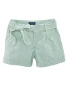 A classic seersucker short has a matching bow for a timeless preppy look.