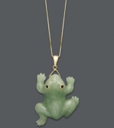 Hop to it! This playful style features a carved jade frog (25 mm x 30 mm) with sparkling sapphire accents as eyes. Setting and chain crafted in 14k gold. Approximate length: 18 inches. Approximate drop: 1-1/2 inches.