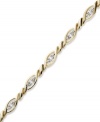 Up your glam factor. Yell'Ora's trendy twisted bracelet showcases round-cut diamonds front and center (1/3 ct. t.w.). Base metal made from a combination of pure gold, sterling silver and palladium. Approximate length: 7-1/2 inches.