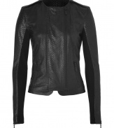 An edgy iteration of the trend-favorite moto jacket, J Brands laser cut version radiates hard-edge elegance with that cool urban feel - Collarless, long sleeves, zippered cuffs, double front zip closures, zippered pockets, black ribbed knit sleeve paneling - Shorter, tailored fit - Wear with just as edgy separates and jet black accessories