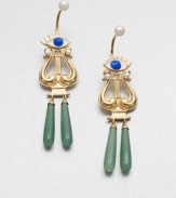 From the Metalphysic Collection. Delightful drops start with gazing eyes atop graceful harp-shaped golden curves holding elongated teardrops of green aventurine.Green aventurine, white agate and black onyxEnamelFreshwater pearls18k goldplated sterling silverDrop, about 3¼Reverse post backMade in Italy