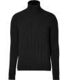 Build the foundations of your sleek knitwear collection with Jil Sanders minimalist ribbed wool-silk turtleneck pullover - Turtleneck, long sleeves, contrast trim, slim fit - Pair with tailored trousers and edgy urban footwear