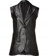 Luxurious vest made ​.​.of fine leather - Typical Alexander McQueen look: long and fitted cut, short lapels, sleeveless - Single-breasted with two buttons - Hot fashion piece for international trendsetters - Pair with the new skinny jeans and booties