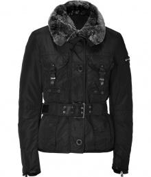 Your cold weather look just got more stylish with this luxe fitted down jacket from Peuterey - Large rabbit fur collar, concealed zipper closure, long sleeves with logo detail, flap pockets, belted waist, slim fit, water repellent - Wear with an elevated jeans-and-tee ensemble or a workweek-chic look