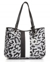 Take a walk on the wild side with a fun spin on the leopard print trend. This Nine West tote features tonal animal print exterior with bold vertical stripe accents.