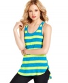 Physical education: Curious Gypsy updates the sporty tank with stripes of neon hue and an asymmetrical hem!