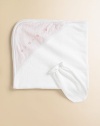 Soft cotton towel with gingham print hood and embroidery. Comes with mitt One size Imported