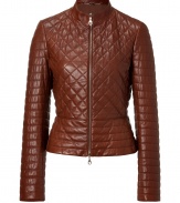 Ultra-luxe jacket in supple, sumptuous leather - Rich hazelnut hue and all-over quilting - Fitted, feminine silhouette hits just below hips and tapers at waist, creating a fashionable peplum - Small stand up collar and full zipper - Gorgeous and versatile, an absolute investment piece perfect for work, weekend and leisure - pair with just about anything in your wardrobe, from denim trousers and cigarette pants to pencil skirts and knit dresses