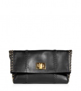 Stitched seams and edgy stud embellishment make this luxe Emilio Pucci clutch a sure-fire statement-maker - Fold-over style, stitched details, front flap with logo turn-lock closure, studded side panels - Pair with leather leggings, an oversized blouse, and platforms