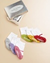 Six pairs of colorful Mary Jane socks packaged in a striking, metallic box.80% cotton/17% acrylic/3% spandexMachine washImportedAdditional InformationKid's Shoe Size Guide (European Equivalent) 