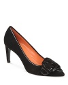 Patent piping and buckles make these suede pumps shine; by Via Spiga. They are more than work-appropriate.