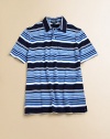 Adorned with a bold mix of stripes, this classic polo is rendered in lightweight cotton for casual comfort and preppy style.Twill pointed collarShort sleevesFront button placketPatch pocketUneven vented hemCottonMachine washImported Please note: Number of buttons may vary depending on size ordered. 