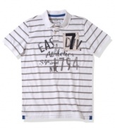 Bring back style from the stickball days with this striped polo shirt from American Rag.