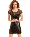 Party like a V.I.P.! Belle Du Jour's sequin bedecked dress flaunts sheer, sultry mesh and a body-hugging fit.