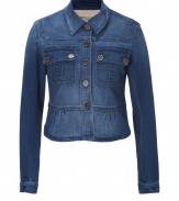 With a sharply tailored cropped cut and cool denim wash, Burberry Brits jean jacket is a dressy take on this must-have style - Classic collar, long sleeves, buttoned cuffs, button-down front, buttoned flap pockets, gathered peplum-like hemline - Cropped, tailored fit - Wear with a tailored blouse and figure-hugging pencil skirt