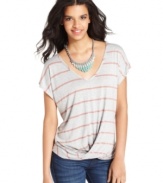 More than ordinary, a twisted detail at the hem adds unexpected edge to this Bar III striped top -- perfect for a casual-cool look!