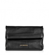 Elegant clutch from Jil Sander is simple but extraordinary - Black calfskin leather - Stylish bulbous shape - Features interior compartment - Magnetic closure buttons - Looks great with everything from jeans to cocktail dress