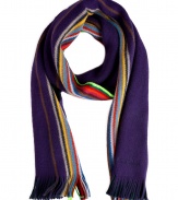 Add a stylish accent to your new season ensembles with this cool-hued wool scarf from Paul Smith Accessories - Easy to style length, multicolored stripes, fringed edges - Wear with a cashmere pullover, straight leg jeans, and a modernized parka