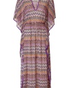 Light and lovely caftan dress in chocolate and honey iconic Missoni pattern - Long, loose silhouette features flowing, wide, mid-length sleeves with contrasting deep purple welt seams, deep v-neckline and fitted waist - Perfect for the boho-hippie look with flats or sandals