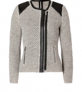 Lady-chic looks get an incredibly cool edge with Iros textural knit biker-style jacket, finished with luxe leather accents for that urbane feel - Rounded neckline, off-center front zip, leather shoulder patches and trim, zippered pockets, textural honeycomb knit - Slightly shorter, slim fit - Wear with everything from tees and leather leggings to pencil skirts and pumps