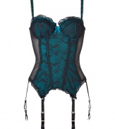 Get the sultry glamorous look of a vintage 1950s pin up girl in Von Follies by Dita Von Teeses deep rich turquoise stretch lace and mesh bustier - Underwire style, lightly padded structured cups, grosgrain and satin ribbon detailing over sheer black stretch lace, ruffled lace trim on cups, wide adjustable straps with silver-toned hardware, adjustable silver-toned back hook-and-eye closures - Black stretch lace over deep rich turquoise paneling, sheer mesh sides, ruffled lace trim around hemline, satin garter straps with vintage-style silver-toned clips - Cinched waist - Wear with silk stockings for a seriously seductive look