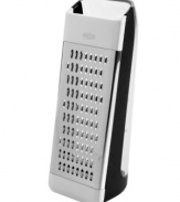 Your space is greater with this grater! Skip the mess & head straight to easy prep with this 2-in-1 container grater. Extra-sharp bi-directional stainless steel blades expertly slice, dice and shred zucchini, carrots, cheese, chocolate and more, which then fall into the built-in container with easy-to-read measurement markings, so your countertop stays clean and precision is always a given.