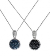 Elegant options abound in this 14k white gold necklace from Diversa by EFFY Collection. The reversible pendant features round-cut blue (3/8 ct. t.w.), black (5/8 ct. t.w.) and white (5/8 ct. t.w.) diamonds to stunning effect. Approximate length: 18 inches. Approximate drop length: 3/4 inch. Approximate drop width: 3/8 inch.