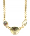 Hypnotizing fashion. Mesmerizing brown mother-of-pearl shell pieces stand out on his collar necklace by Jones New York. Crafted in worn gold tone mixed metal. Approximate length: 17 inches + 3-inch extender.