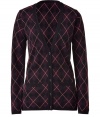 Luxurious cardigan in fine cashmere - Extra soft, classy quality - Stylish argyle pattern in black and iris - New, slim long style to just over the hip - Feminine fitted cut - With a deep V-neckline, two pockets and full-length button placket - Chic, yet casual, too - Style: casual with jeans, cool with leggings, elegant with a pencil skirt