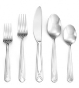 Engraved with a simple ribbon motif, the Nanette Sand flatware set from Cambridge lends contemporary grace to casual settings. With service for 12 and serving pieces.