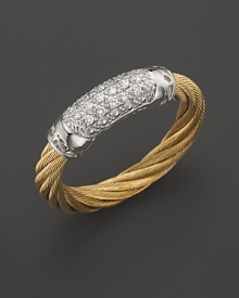 A modern steel and yellow gold cable band topped with diamond pavé. Designed by Charriol.